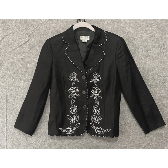 Vintage‎ Mary McFadden Linen Blend Blazer Womens Sz 4P Black Embroidered Lined - Picture 1 of 7